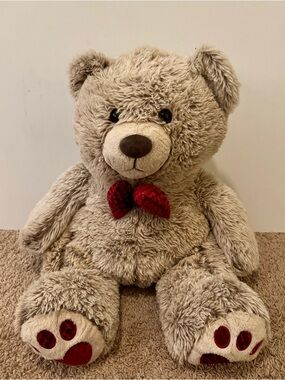 Large Plush Beige Teddy Bear with Red Bow - Soft Cuddly Kids Toy